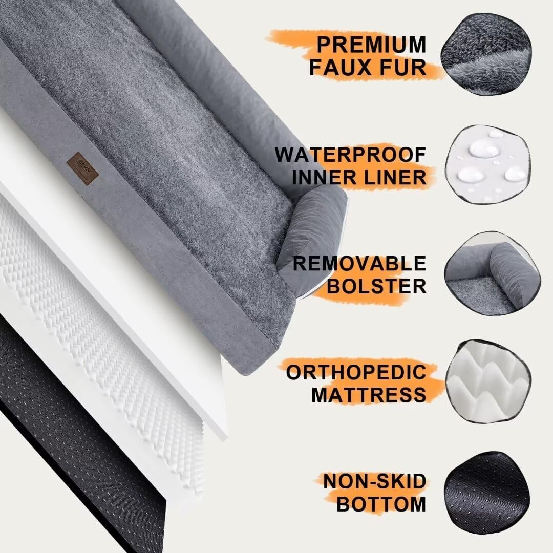 Large Dog Bed Orthopedic Washable - Beds Bolster Pet - XXL XXLarge Big Dogs - Memory Foam - Couch Sofa - Waterproof with Removable Cover - Grey Dog Bed