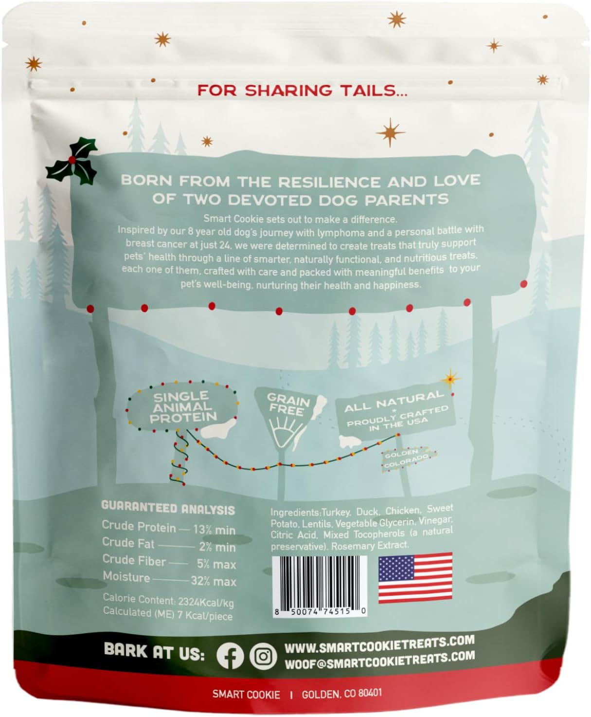 Smart Cookie Turducken Holiday Dog Treats - Turkey, Duck and Chicken Christmas Dog Treats - Healthy, All Natural, Grain Free, Human-Grade - Made in USA - 5oz