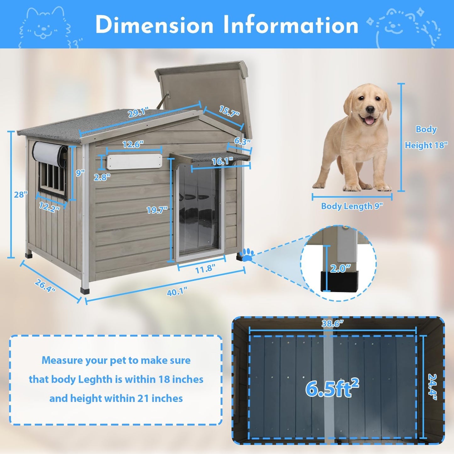 Outdoor Dog House Weatherproof Large Wooden Dog Kennel Indoor for Small Dogs with Chew-Proof Frame, Oxford Fabric Window, Removable Floor Pet Shelter (Grey, 40.1" D x 26.4" W x 28" H)