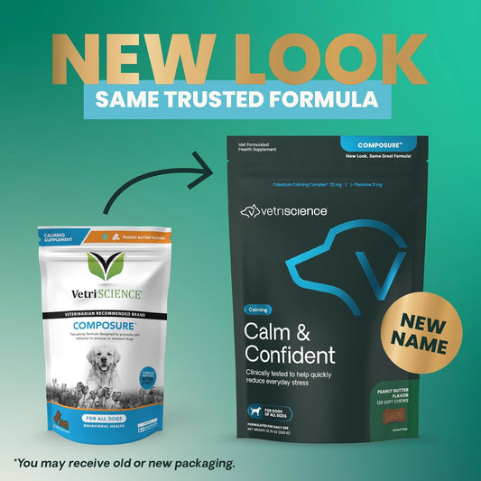 VetriScience Calm & Confident Chews, Composure Clinically Tested Calming and Anxiety Supplement for Dogs, Reduce Stress and Fear, for Thunderstorms, Fireworks and Travel, Peanut Butter, 120 Count