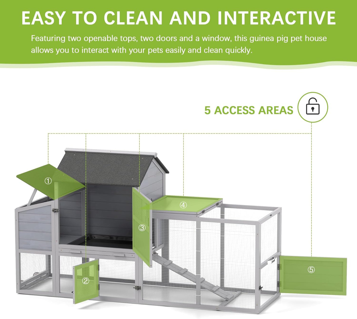 COZIWOW 82" Large Wooden Chicken Coop, Outdoor Rabbit Hutch, Guinea Pig Pet House with Wheels, Sunshine Board, Asphalt Roof, Ramp, Openable Top, Door, Window, Pull-Out Tray, Indoor Bunny Cage (Gray)