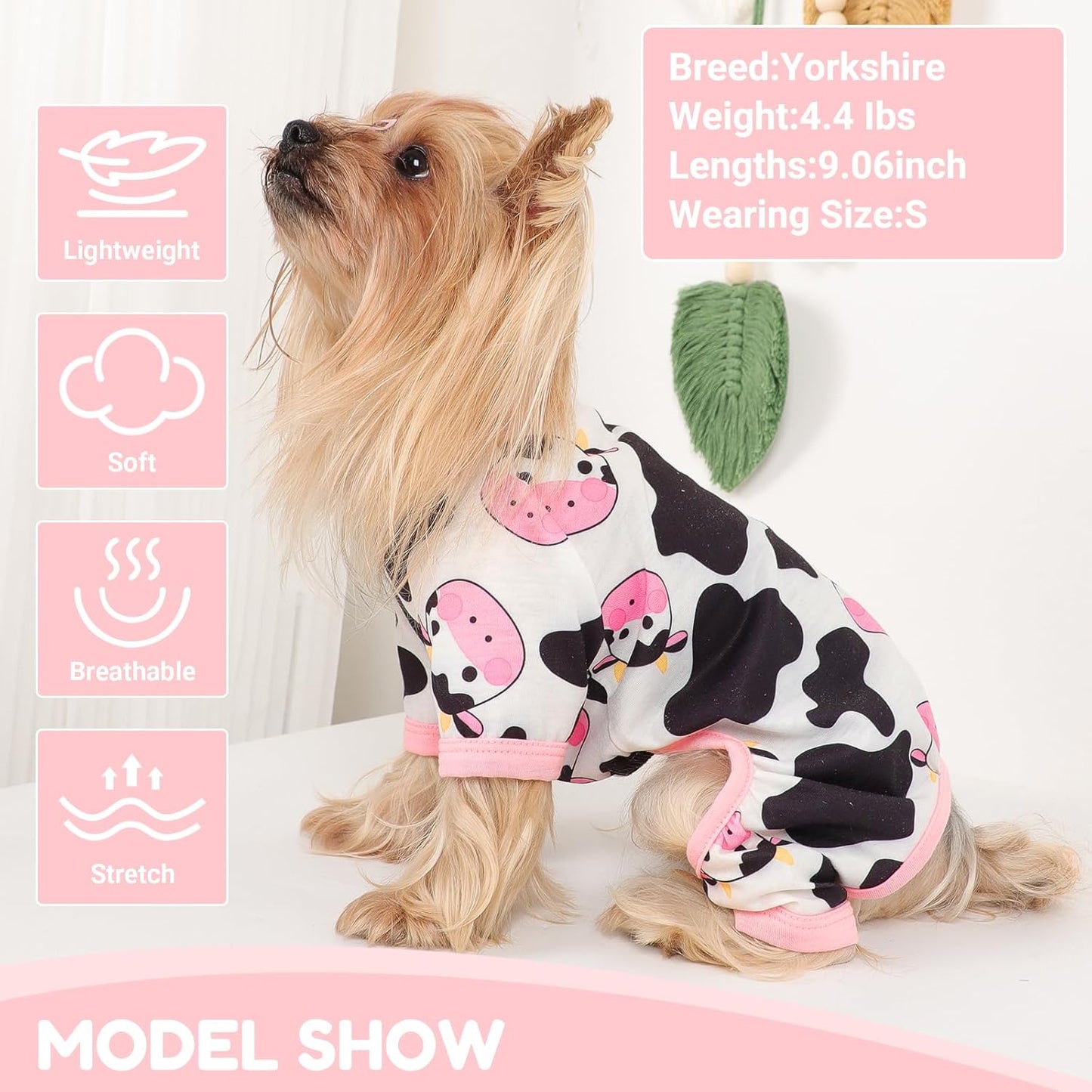 Dog Pajamas Small Sized Dogs Stretchable Summer Dog Clothes Pjs 4 Legs Girl Boy Cute Soft Puppy Outfits Doggie Cat Jammies Jumpsuit Sleeper for Pet, Pink Cow, XS