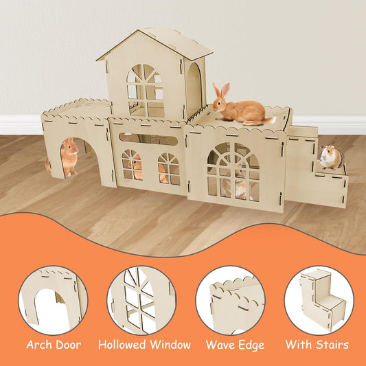 YUEPET Extra Large Wooden Rabbit Hideout Castle Detachable Bunny Tunnel Hut with Ramp Small Animal Houses & Habitats for Outdoor Indoor Rabbit Guinea Pig Chinchilla Ferret Hamster to Rest Hideawy Play