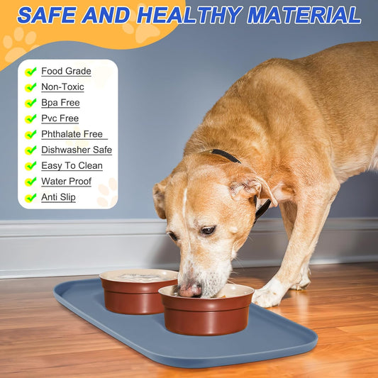 Silicone Pet Feeding Mat with Raised Edge for Food and Water, Dog Bowl Mats, Cat Bowls Placemat with High Lip for Floor Waterproof, Rubber Tray for Cats and Dogs 19 x 12 x0.7 Slate Blue