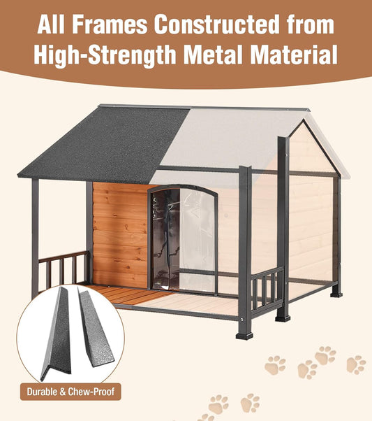 Gutinneen Large Dog House Outdoor with Strength Metal Frame, Outside Dog House with Waterproof Roof, PVC Curtain, Fir Wood Patio, Design for Small & Medium & Large Dogs