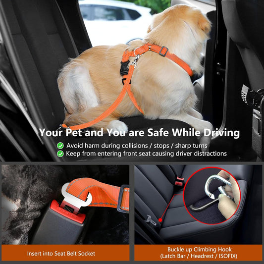 Dog Seat Belt Harness for Car, Dog Car Harness Adjustable Mesh Breathable & Dogs Seatbelt Safety Tether with Elastic Bungee for Small Medium Large Pets(Orange, XL)