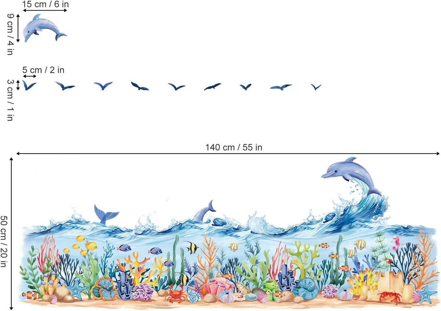 decalmile Under The Sea Seaweed Grass Wall Decals Dolphins Fish Ocean Wave Baseboard Skirting Line Wall Stickers Kids Bedroom Bathroom Wall Decor