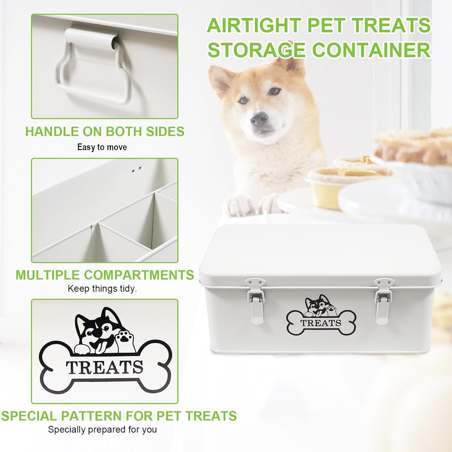 Metal Dog Treat Container,Dog Treats Storage Box with Lid,White Pet Food Bin with Dividers,Rectangular Dog Cat Treats Organizer,Ideal for Sort,Great Gift for Pet Owners