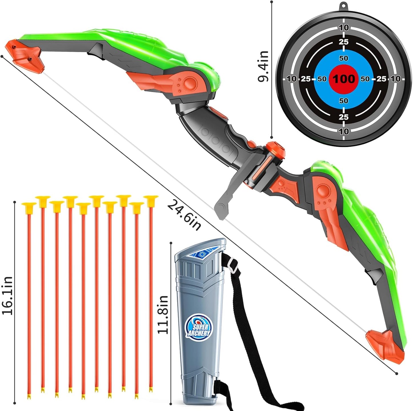 TEMI Bow and Arrow Set for Kids - Archery Toy Set - LED Light Up with Suction Cup Arrows, Target & Quiver, Indoor and Outdoor Toys for Children Boys Girls