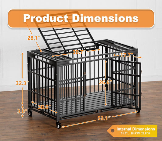54 Inch Heavy Duty Dog Crate with Wheels,Indestructible Escape-Proof Dog Kennel with Locking Latch and Double Door,Extra Large XL XXL Crate Indoor for Large and Medium Dog with Removable Tray
