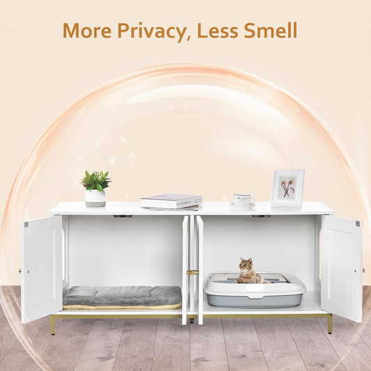 Homhedy Cat Litter Box Enclosure for 2 Cats, Cat Washroom Furniture with Double Room, Pet House with Metal Frame, 47.2”L x 17.7”W x 21.7”H, White and Gold