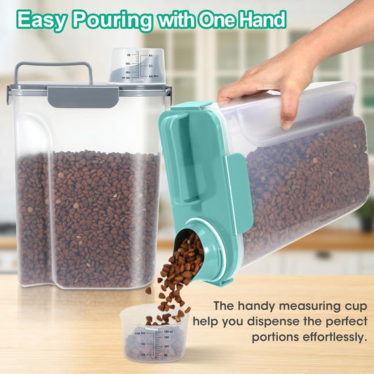 TBMax Pet Dog Cat Food Storage Containers 2 Pack 10 to 14 Lbs, Airtight Cat Food Dispenser with Large Spout & Portable Handle, Travel Dog Treat Storage Bin Bird Seed Container-Cyan+Dark