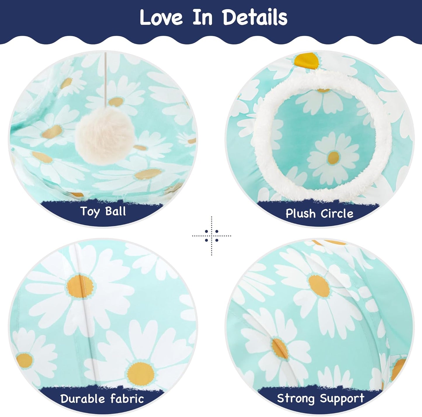 Tempcore Pet Cat Tunnel Tube Cat Toys 3 Way Collapsible, Cat Tunnels for Indoor Cats，Kitty Tunnel Bored Pet Toys Peek Hole Toy Ball, Puppy, Kitty, Kitten, Rabbit Daisy Blue Printed