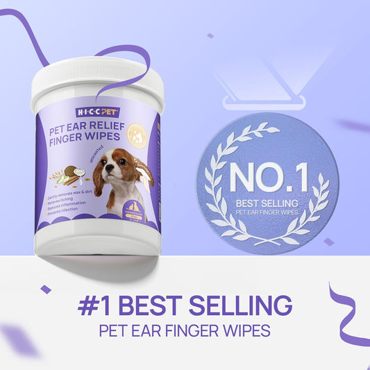 HICC PET Dog Ear Wipes Finger 100 Count Dog Ear Cleaner Wipes for Dogs & Cats, Dog Ear Infection Treatment to Relieve Ear Itching & Inflammation, Remove Ear Wax, Dirt, Smelly - Unscented