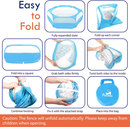 Pawaboo Small Animals Playpen, Waterproof Small Pet Cage Tent with Zippered Cover, Portable Outdoor Yard Fence with 3 Metal Rod for Chick/Kitten/Puppy/Guinea Pig/Rabbits/Hamster/Chinchillas,Light Blue