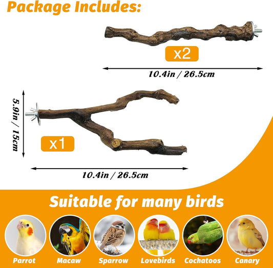kathson 3pcs Natural Parrot Perch for Cage Wooden Bird Perches Grape Bird Stick Parakeet Climbing Standing Branches Toy Chewable Cage Accessories for Small Budgies Cockatiels Lovebirds Budgies