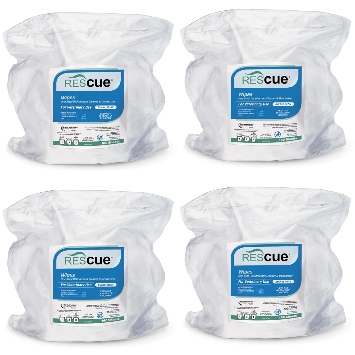 REScue One-Step Disinfectant Cleaner & Deodorizer Wipes for Vet Use – Cleaner for Kennels, Litter Boxes, Vet Offices, Pet Grooming Surfaces – Extra Large Wipes, 160-Count Bucket Refill (4 Pack)