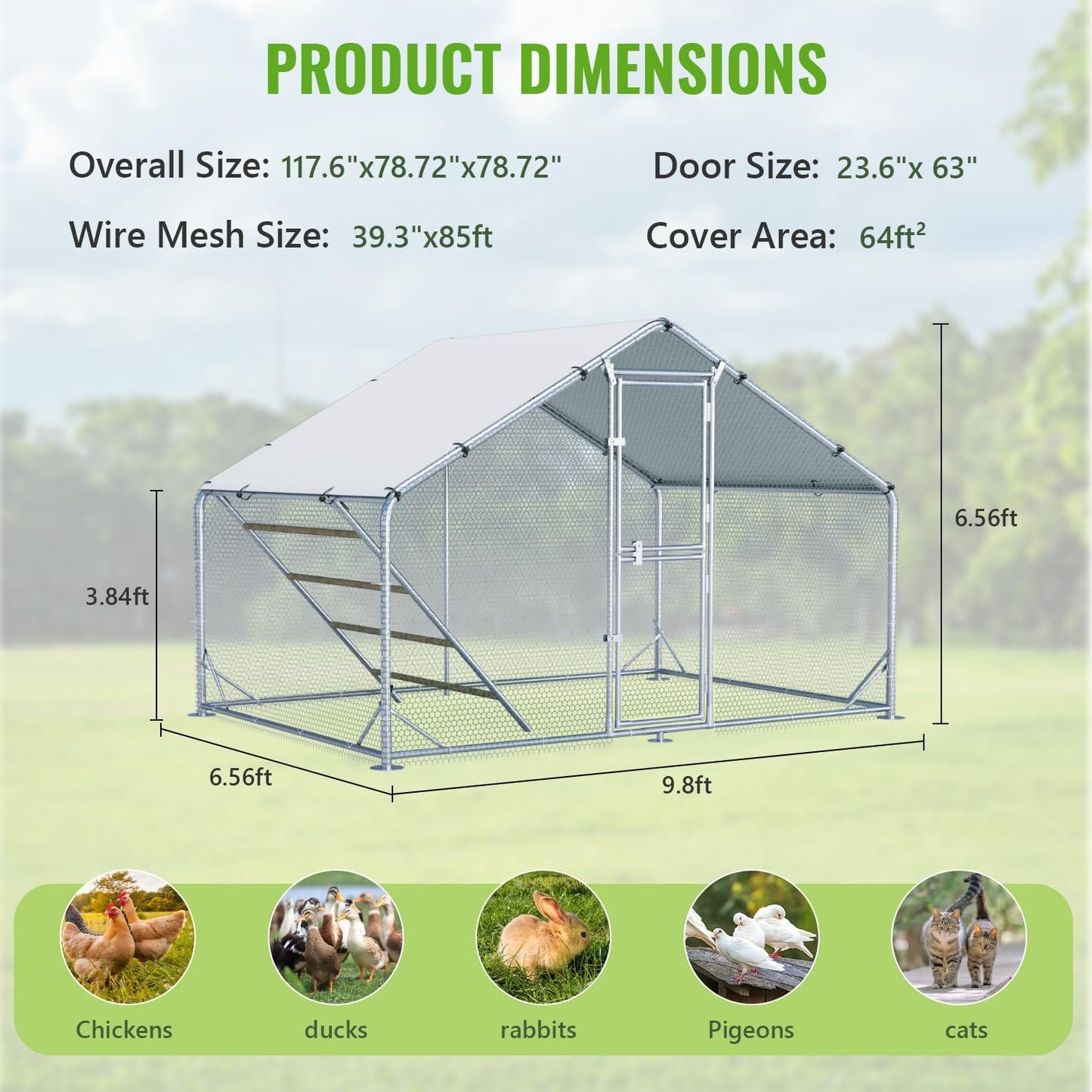 Large Metal Chicken Coop, 10x6.5x6.5FT Chicken Runs for Yard with Cover,