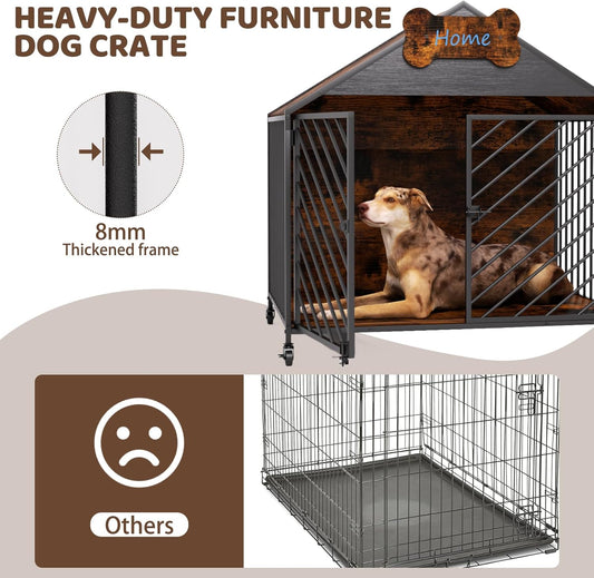 Heavy Duty Dog Crate Furniture for Large Breed - 39.4" Chew-Proof Kennel with Gable Roof, Double Door Escape-Proof Indoor Dog Cage, Rustic Brown