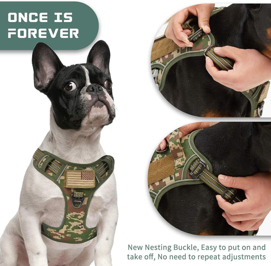 BUMBIN Tactical Dog Harness for Small Dogs No Pull, Famous TIK Tok No Pull Puppy Harness, Fit Smart Reflective Pet Walking Harness for Training, Adjustable Dog Vest Harness with Handle Forest Camo S