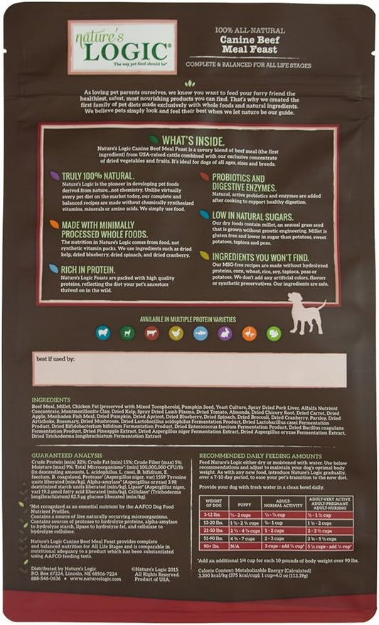 Nature's Logic Dry Dog Food - 100% Natural - No Synthetics - For All Ages, Sizes, Breeds - Free From Common Allergens, High Protein - Beef Meal Feast, 4.4lbs