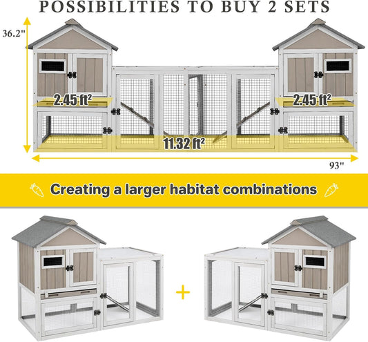 94''L Rabbit Hutch Outdoor Chicken Coop with Run, Wooden Indoor 2 Story Bunny House with Waterproof Roof, Pull Out Tray, Guinea Pig Rabbit Duck Cage for Small to Medium Animals and Pet Lover, Gray