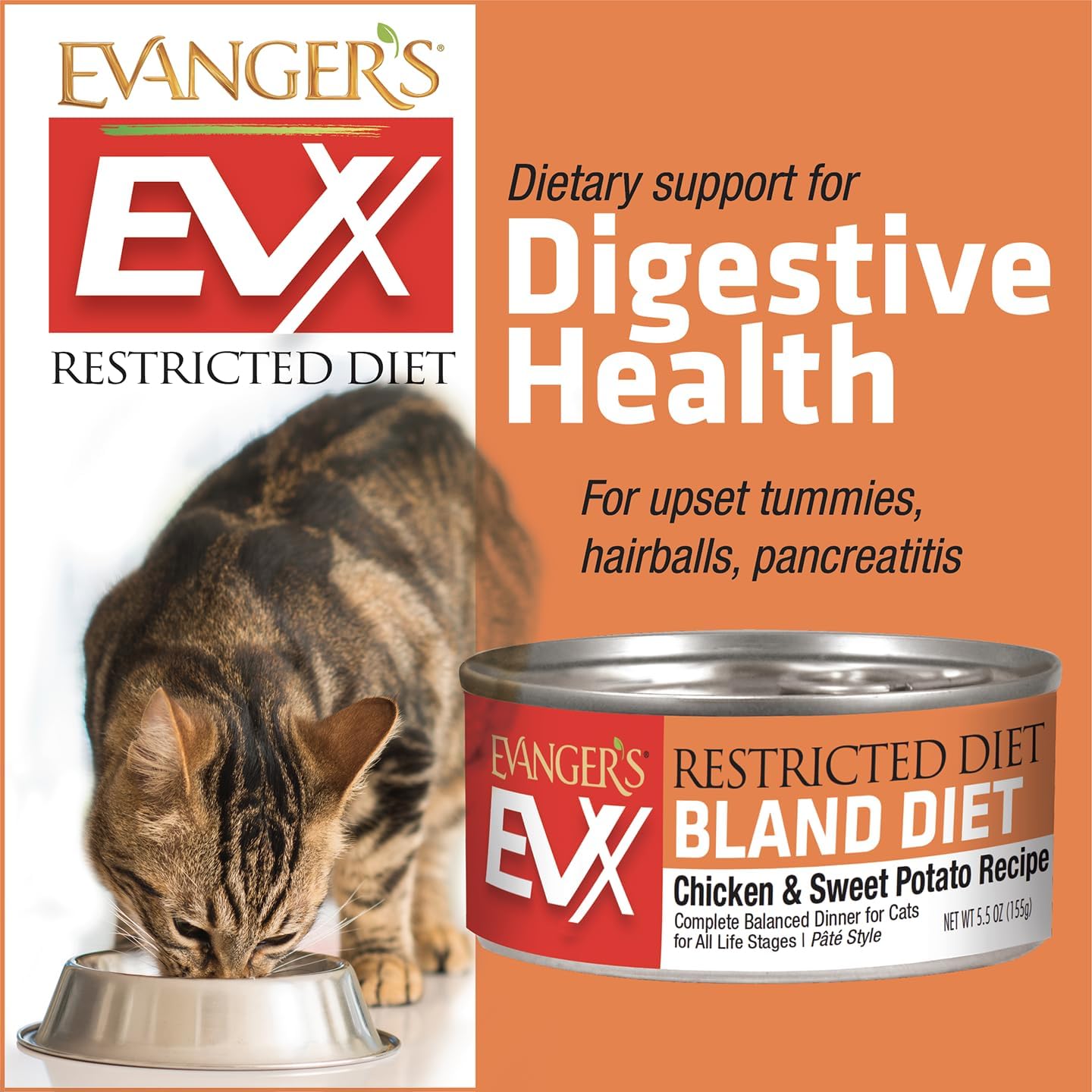 Evanger's EVX Restricted Diet Bland Diet Canned Cat Food – 24 Count, 5.5 oz Each – Chicken & Sweet Potato Recipe with Prebiotics & Postbiotics for Digestive, Microbiome & Gut Health Support
