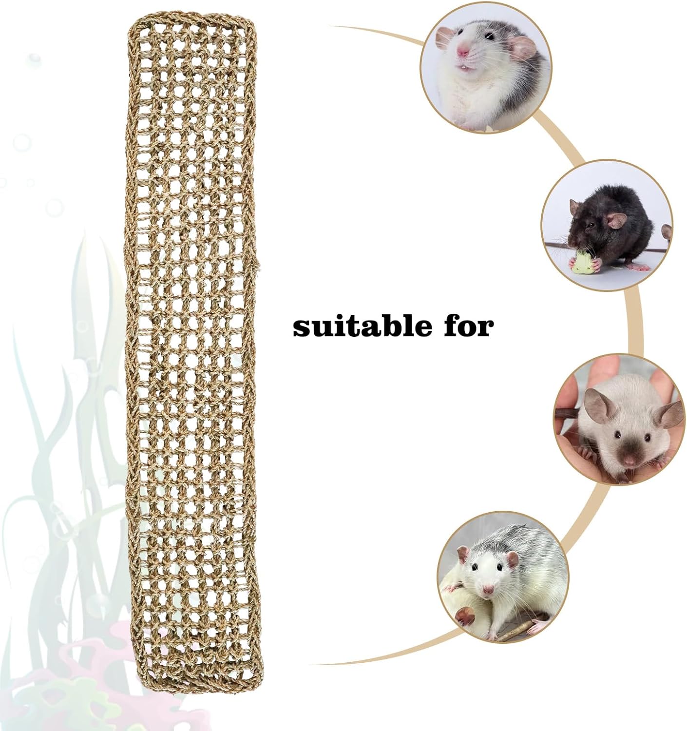 Rat Climbing Toys, 39 x 7 inch Small Animals Seagrass Mat Toy, Cat Climbing Toys, Natural Seagrass Woven Net Hammock with Hooks, Cage Accessories for Hamster Guinea Pig Parrot Parakeets Cockatiels