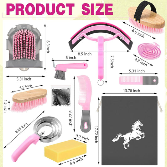 Abbylike 12 Pieces Horse Grooming Kit Racing Festival Tack Room Supplies Horse Brush Sets Equine Care Cleaning Kit Shedding Grooming Massaging Tools(Pink and Grey)