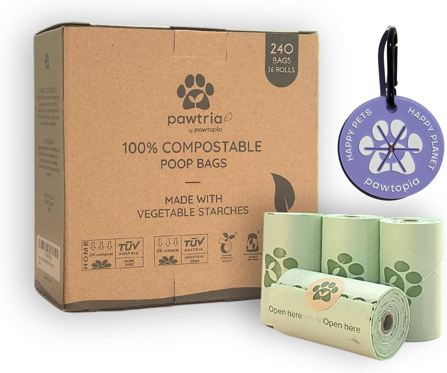 Pawtria Certified Home Compostable Dog Poop Bags (240 Bags + Lavender Carrier), Biodegradable Pet Waste Bags, Vegetable Starches, Leak proof Dog Waste Bags, Light-weight silicone made bag carrier