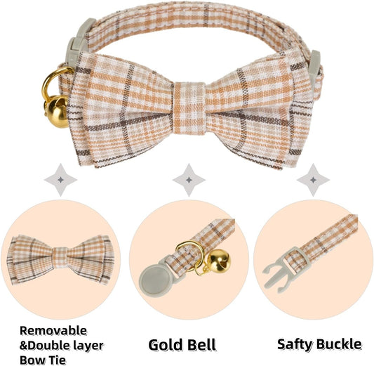 2 Pack Soft Cotton Cat Collars with Bowtie and Bell Breakaway Plaid Cat Kitten Collar(Beige and Amber)