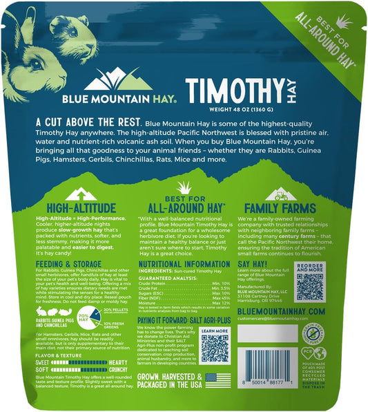 Blue Mountain Hay | Fresh Timothy Hay (48 Ounce) | Great for All Ages | High-Altitude Hay Pet Food for Rabbits, Guinea Pigs, Chinchillas, Hamsters, and Other Small Pets