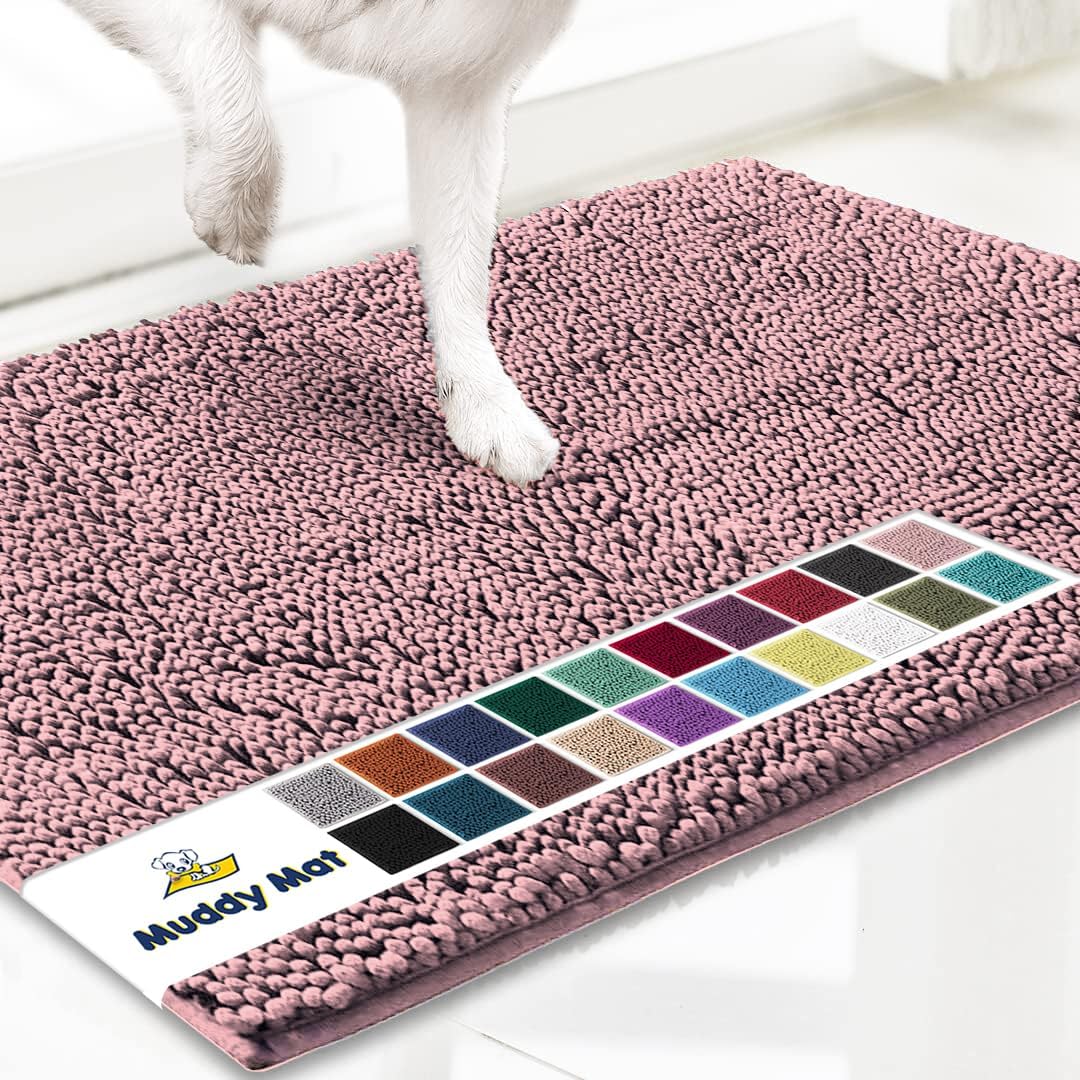 Muddy Mat® AS-SEEN-ON-TV Highly Absorbent Microfiber Door Mat and Pet Rug, Non Slip Thick Washable Area and Bath Mat Soft Chenille for Kitchen Bedroom Indoor and Outdoor - Light Pink 24" x 96"