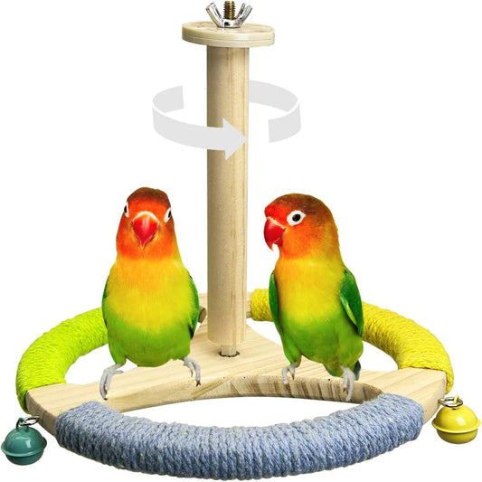 PINVNBY Hanging Bird Stand Perch Toy Wooden Spinning Parrot Perch with Cotton Rope and Bell Interactive Cockatiel Toy Bird Cage Accessories for Parakeets Conures Budgies Finches Lovebirds