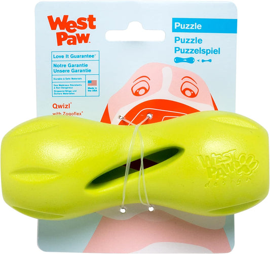 West Paw Zogoflex Qwizl Dog Puzzle Treat Toy – Interactive Chew Toy for Dogs – Dispenses Pet Treats – Brightly-Colored Dog Enrichment Toy for Aggressive Chewers, Fetch, Catch, Small 5.5", Granny Smith