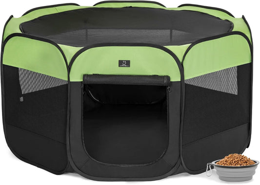 A4Pet Portable Pet Playpen, 49” Pop Up Dog Playpen with Bowl, Suitable for Puppies, Kittens, and Small Animals, Removable Zipper & Mesh Panel(19”W × 12”H)