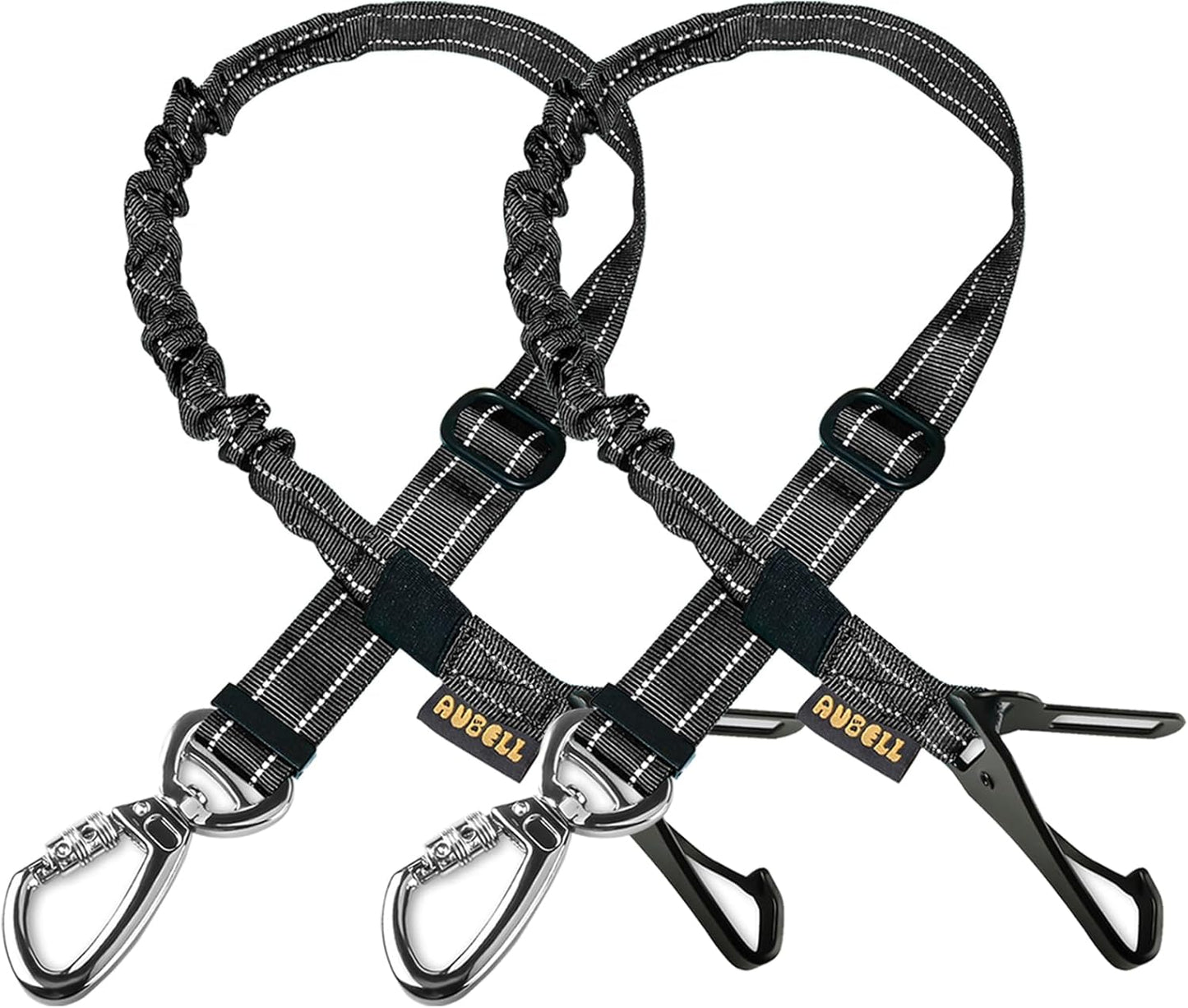 AUBELL Dog Seat Belt for Car,2 Pack Set 3-in-1 Adjustable Reflective Bungee Heavy Duty Dog Car Harness Tether with Clip Hook Latch & Buckle,Swivel Zinc Alloy Carabiner,Black+Black