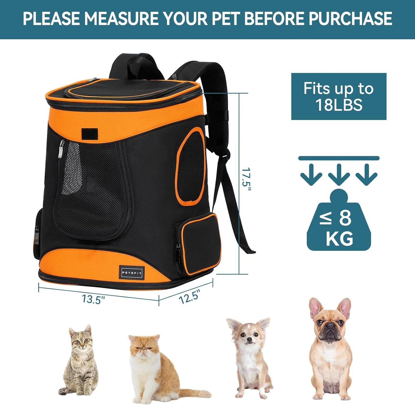 Petsfit Dog Backpack Carrier with Upgrade Waist Cushion Design to Better Fit The Waist, Suitable for Small and Medium Dogs Cats, and Rabbits up to 18 Pounds