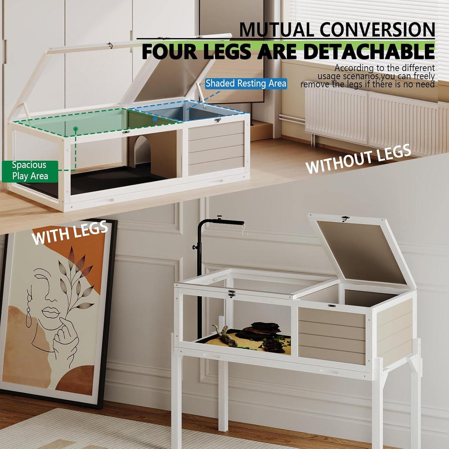 Tortoise Habitat with Adjustable Lamp Holder, Turtle Enclosure Indoor/Outdoor, Wooden House for Small Animals, Large Reptile Terrarium Table with Detachable Legs (New White)