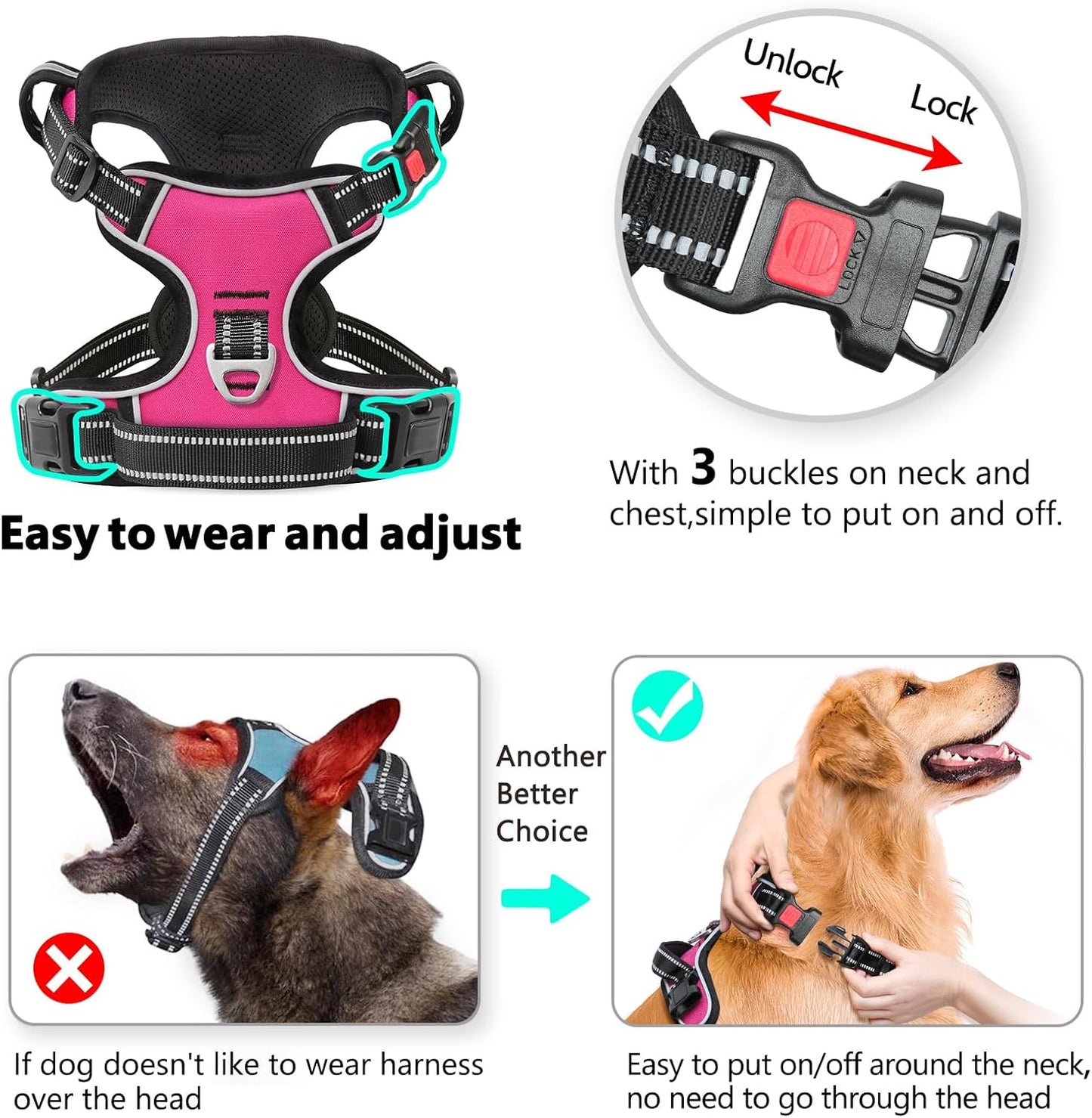 Timos No Pull Dog Harness, No Choke Front Lead Dog Reflective Harness, Adjustable Soft Padded Pet Vest with Easy Control Handle for Small Medium Large Dogs, M