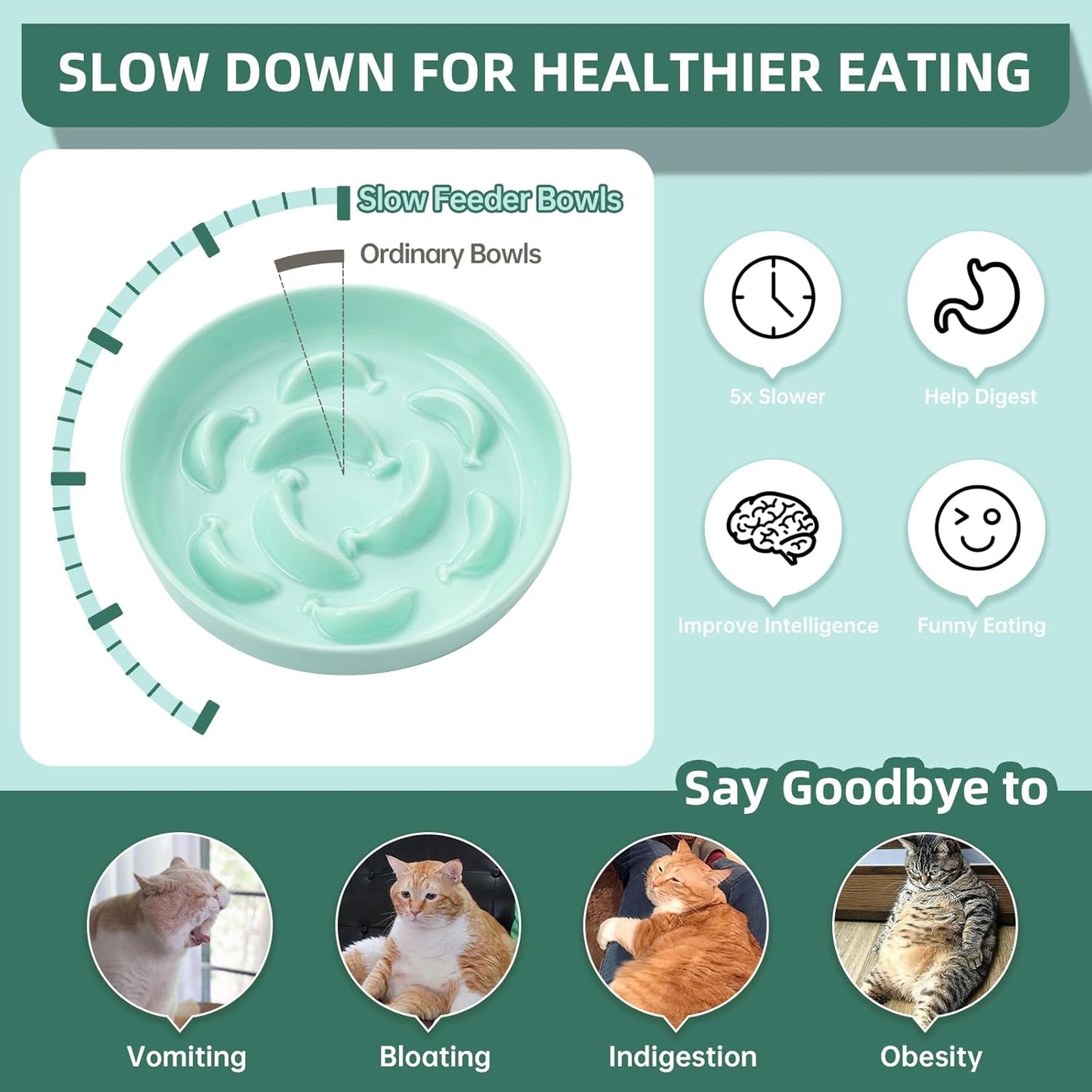 Ceramic Cat Slow Feeder Bowl - Pastel Series Cat Plate for Dry and Wet Food - Cute Maze Feeder Dish for Healthy Eating - Dishwasher Safe - 6.3''W x 1.2''H - 7 OZ - Mint Green