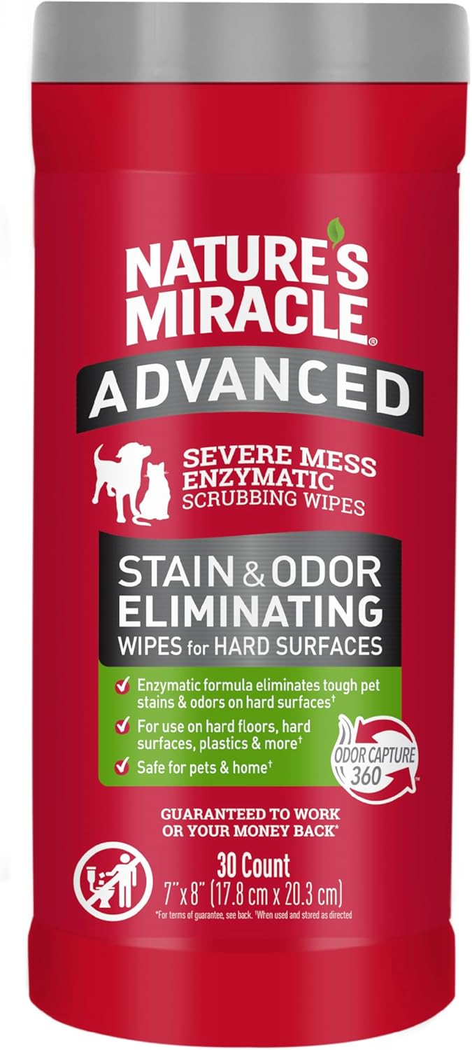 Nature’s Miracle Advanced Stain And Odor Eliminating Wipes for Hard Surfaces, 30 Count, Enzymatic Formula Eliminates Tough Pet Messes