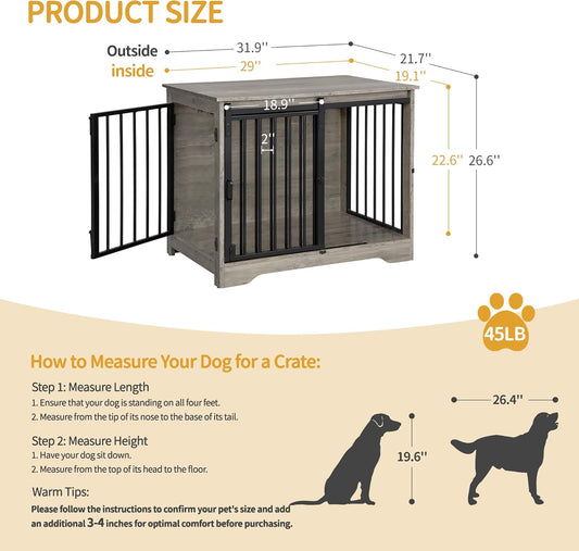 31.9" Dog Crate Furniture with Barn Door, Heavy Duty Dog Kennel Indoor with 2 Doors, Wooden Pet Cage End Table for Small Medium Dogs up to 44 lb, Anti-Chew Anti-Escape, Greige DFC83605B