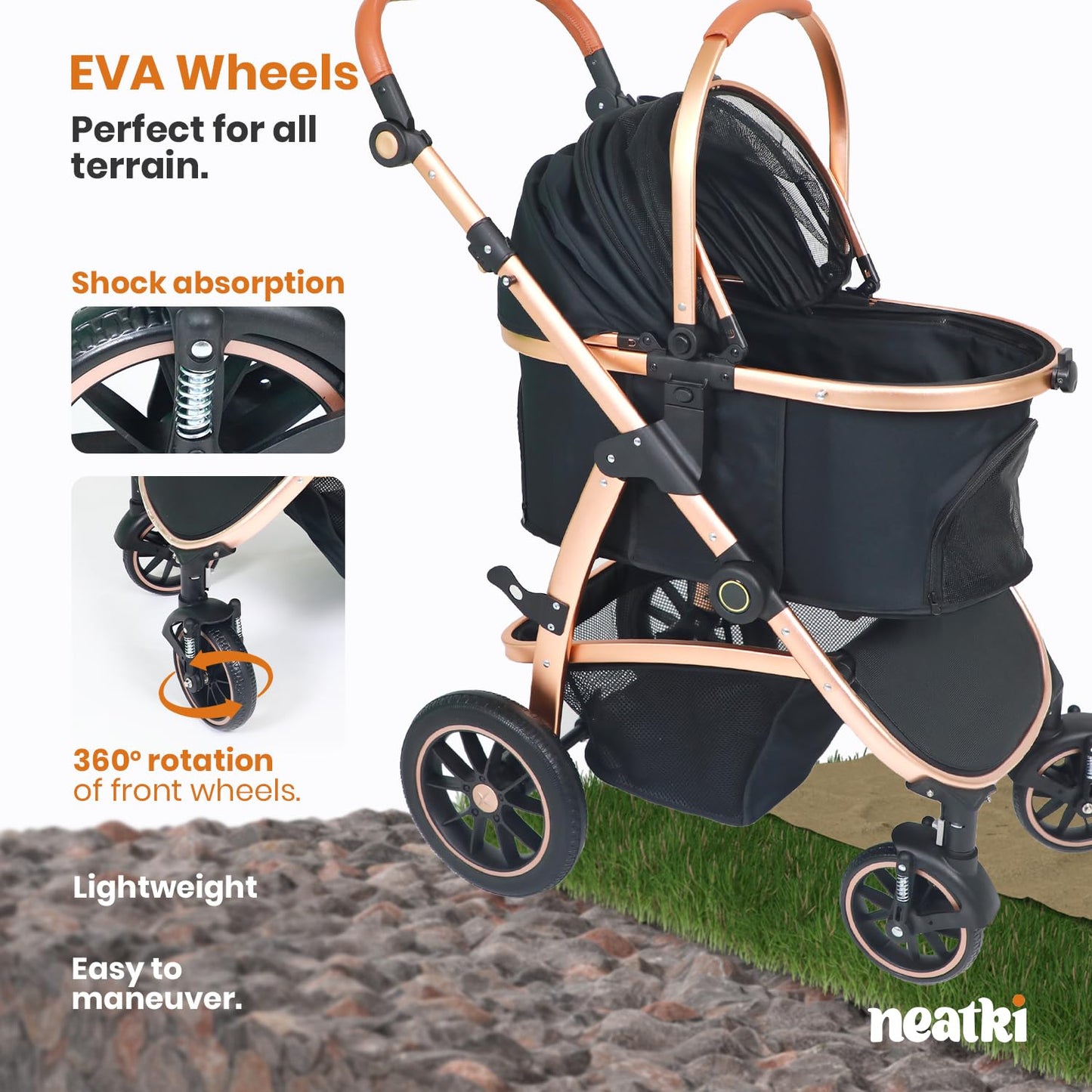 3 in 1 Pet Stroller - Stroller for Small to Medium Dogs and Cats up to 55 lbs, with Detachable Carrier/Car Seat, Foldable and Lightweight, Detachable Cushion + Cup Holder (Black/Gold)
