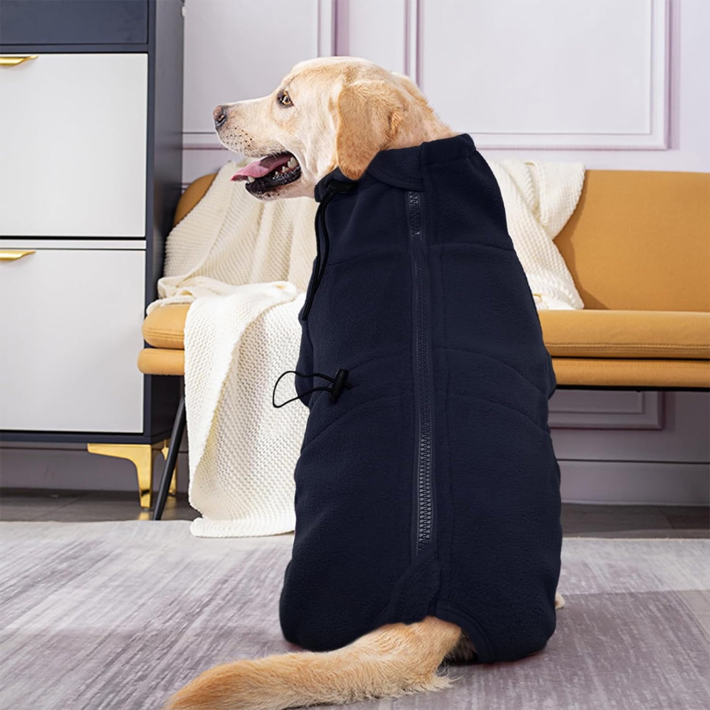 ROZKITCH Dog Winter Coat Soft Fleece Pullover Pajamas, Pet Windproof Warm Cold Weather Jacket Vest Cozy Jumpsuit Apparel Outfit Clothes for Small Medium Large Dog Walking Hiking Sleep Blue XXL