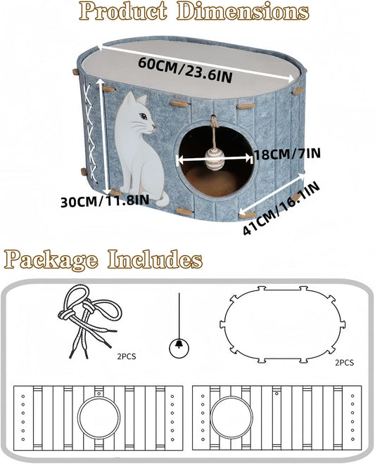 2-in-1 Large Cat House for Indoor Cats, Felt Cat Cave with Cushion, Dual Entrances & Sisal Ball Toy, Enclosed Bed for Large Cats or Multi-Cat Use, Supports 88 lbs