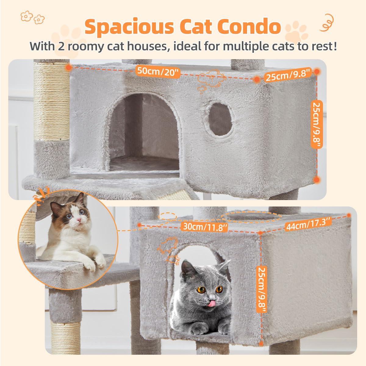 Taoqimiao Cat Tree 71-Inch, Cat Tower for Indoor Cats Large Adult, Multi-Level Large Cat Condo, 8 Sisal Scratching Posts, Metal Frame Cozy Hammock, Scratch Board, 2 Top Perches, Light Gray MS026LW