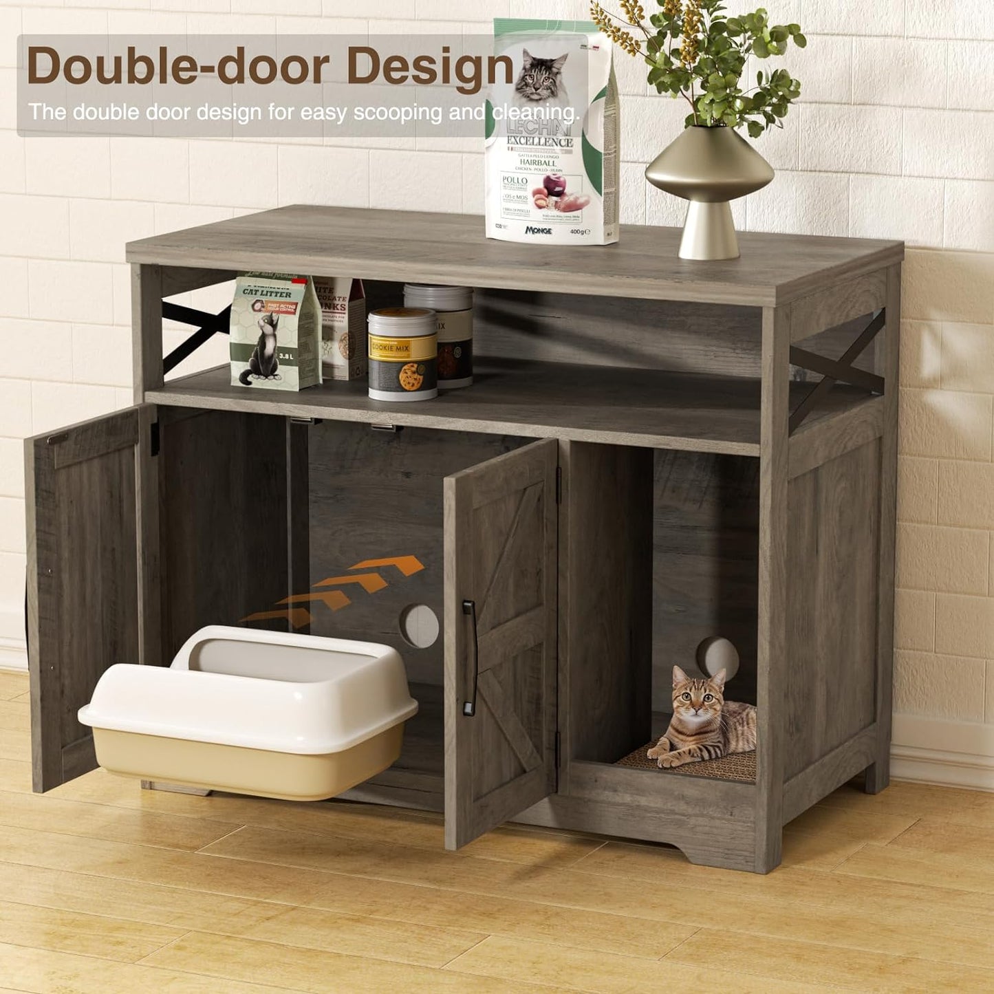 Cat Litter Box Enclosure, Hidden Litter Box Furniture with Scratch Pad, Farmhouse Indoor Cat House Washroom End Table, Grey