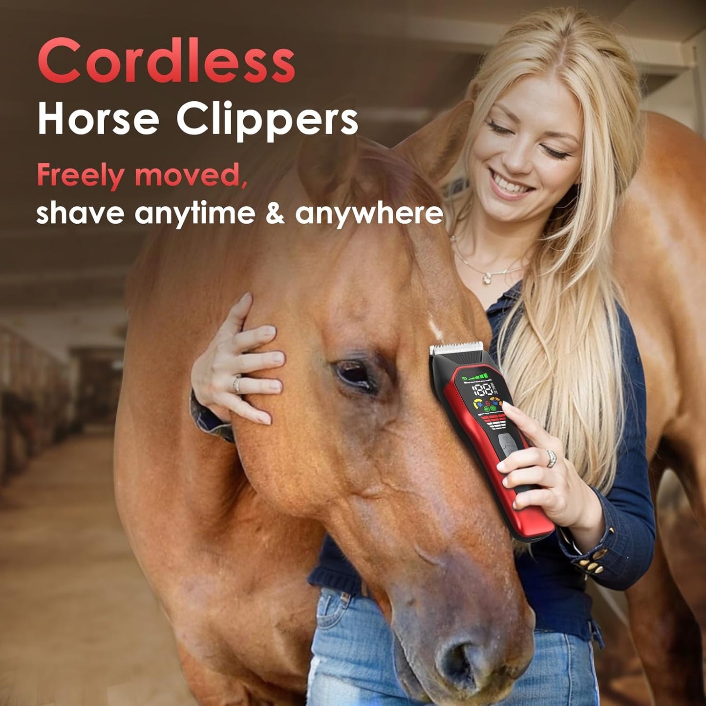 Horse Clippers,Quiet 2-Speed Horse Grooming Clippers,Rechargeable Pet Shaver for Matted Long Hair,Cordless Wide-Blade Powerful Horse Trimmer Kit for Thick Coat #066 Red