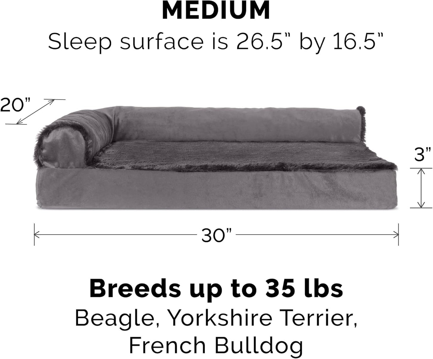 Furhaven Cooling Gel Dog Bed for Medium/Small Dogs w/ Removable Bolsters & Washable Cover, For Dogs Up to 35 lbs - Plush & Velvet L Shaped Chaise - Platinum Gray, Medium